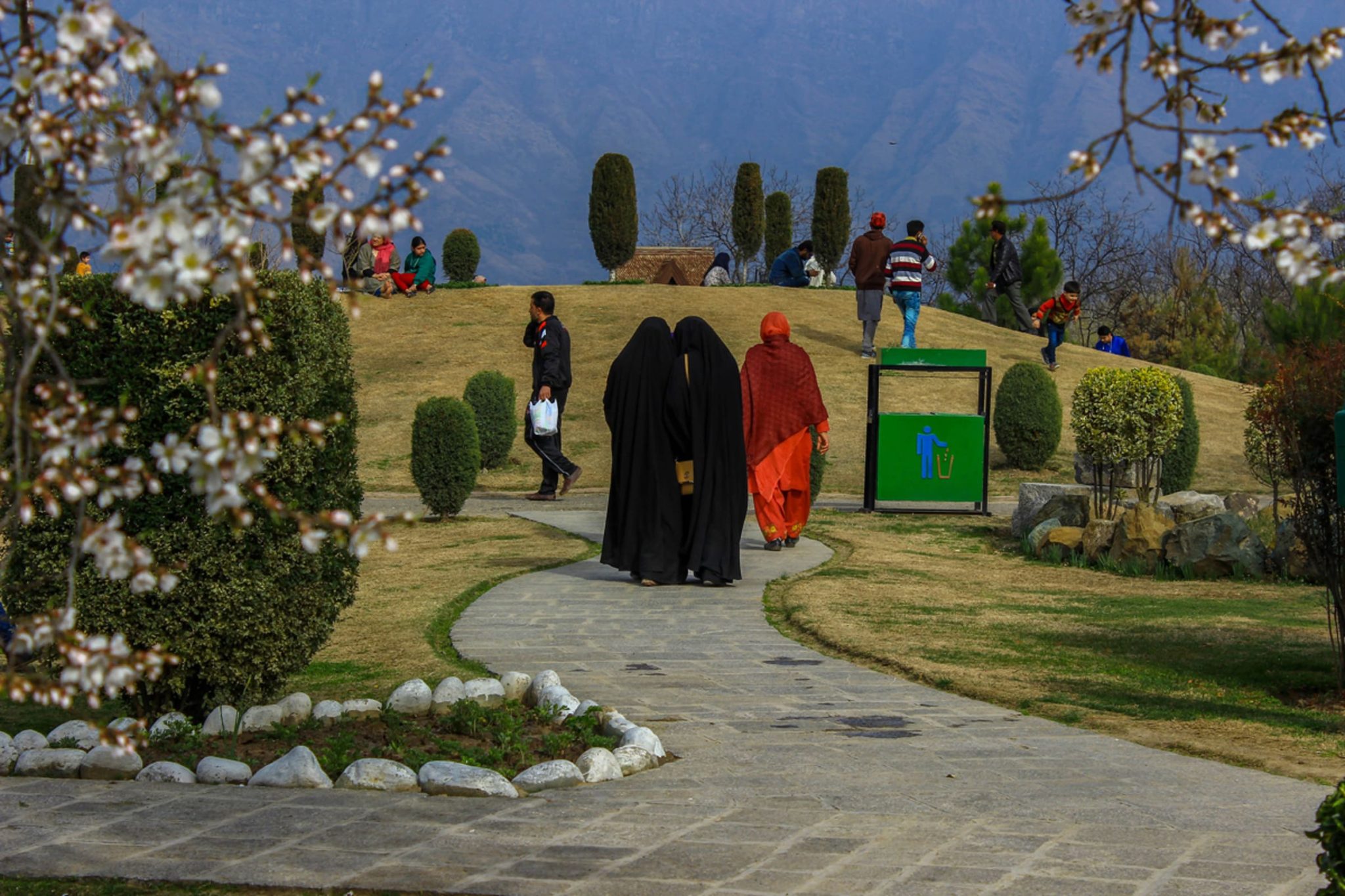 April 2018, Srinagar, Kashmir — People enjoy the almond blossoms on a sunny day in Badamwari Park.