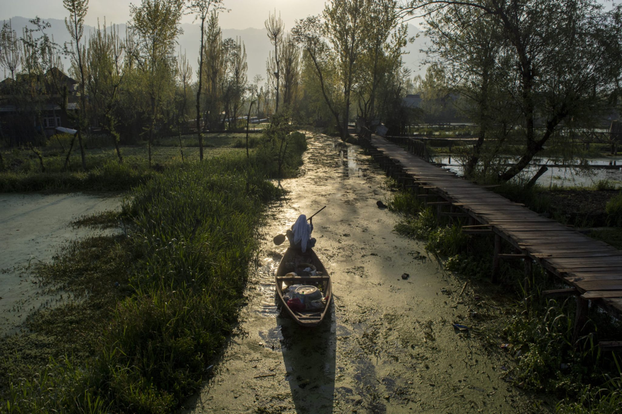 April 03, 2018, Srinagar, Kashmir — A woman rows a boat to sell vegetables in a floating market on Dal Lake.