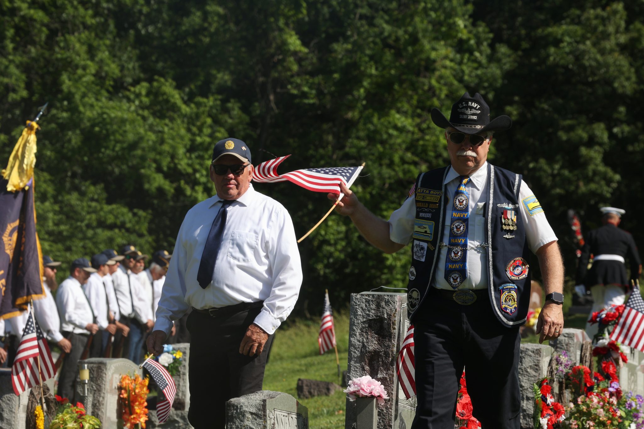 May 27, 2024, Hartsburg, Missouri — Vincent Barner (left) and Donald Dihel participate in the Memorial Day celebration hosted by Hartsburg American Legion Post 424. The event included members of the Hartsburg American Legion, Sons of the American Legion Squadron and Legion Auxiliary Members.